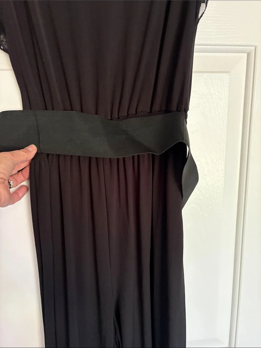 AGB size Medium Black Lace-Sleeve Maxi Pantsuit with Belt - Picture 4 of 7